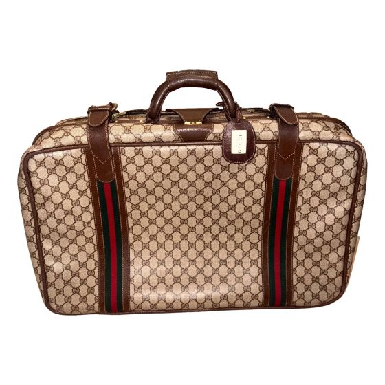 Gucci Vintage GG Monogram Canvas Travel Suitcase with Web Stripe and Leather Trim