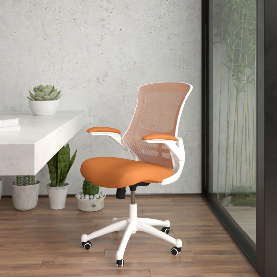 Mid-Back Tan Mesh Ergonomic Task Office Chair, White Frame - Flip-Up Arms