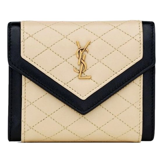 Saint Laurent Gaby Small Envelope Wallet Cream Black Quilted Lambskin YSL Gold Logo