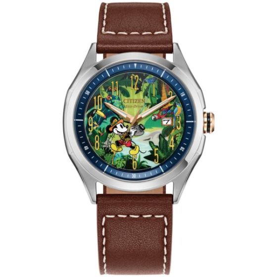 Unisex Mickey Mouse Explorer Brown Leather Strap Watch Green Dial