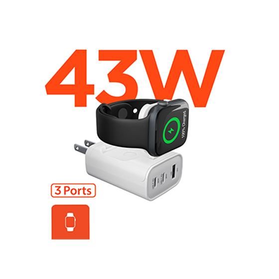 HyperGear SpeedBoost 43W Three-Port USB-C PD Fast Wall Charger w/ Built-In AppleWatch Charger, White