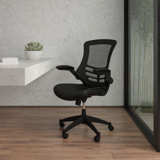 Mid-Back Black Mesh Ergonomic Task Chair with LeatherSoft Seat and Flip-Up Arms