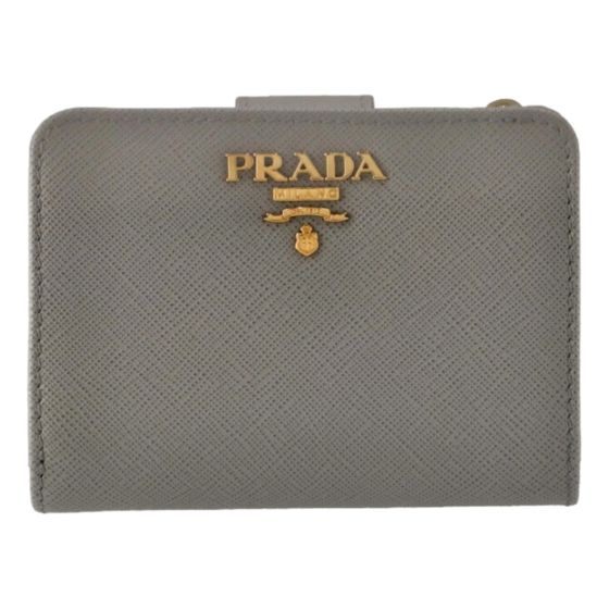 Prada Vitello Grain Argilla Grey Leather Small Wallet with Zipper Gold Plaque Logo