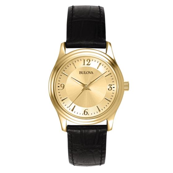Ladies Black Leather Strap with Gold Dial Watch