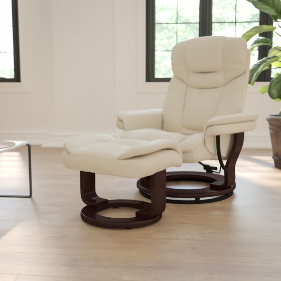 Beige LeatherSoft Multi-Position Recliner &Curved Ottoman w/Mahogany Wood Base