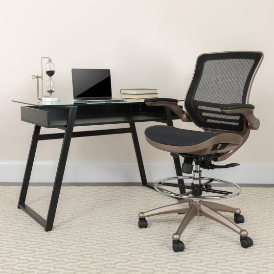 Black Mid-Back Mesh Drafting Chair with Melrose Gold Frame and Flip-Up Arms