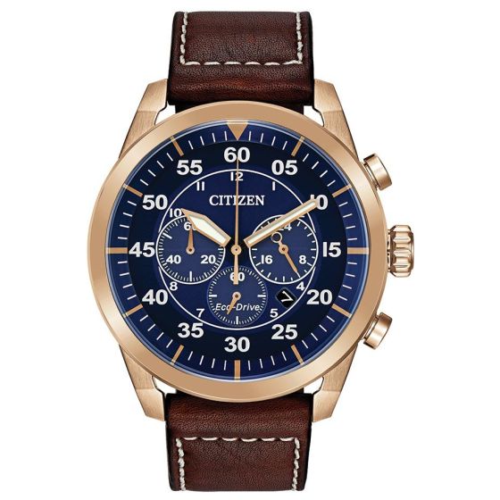 Men's Eco-Drive Watch, Rose Gold-Tone with Brown Leather Strap