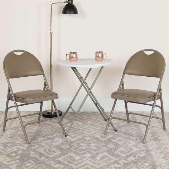 2PK Ultra-Premium Triple Braced Beige Vinyl Folding Chair with Easy-Carry Handle