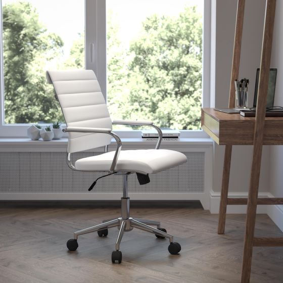 Mid-Back Armless White LeatherSoft Ribbed Executive Swivel Office Chair