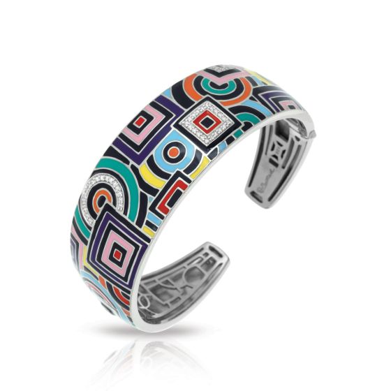 Belle Etoile Geometrica - Sterling Silver, Multicolor Enamel, White CZ Bangle. Latch.