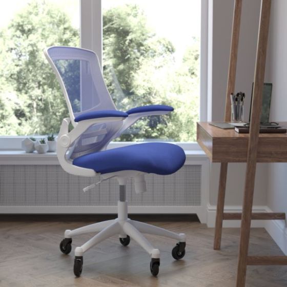 Ergonomic Swivel Task Chair with Roller Wheels & Flip Up Arms - Blue Mesh