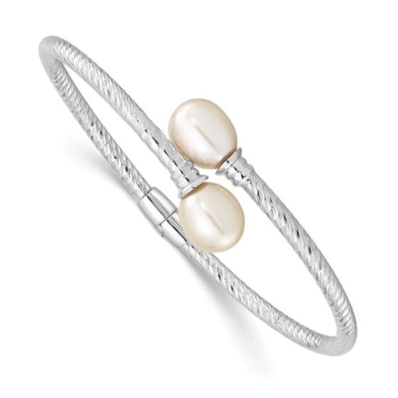 Sterling Silver 8-9mm White Rice Freshwater Cultured Pearl Hinged Bangle