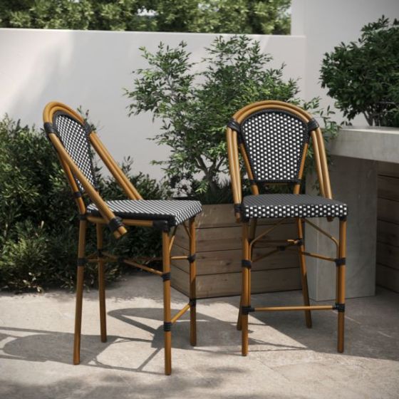 2 Pack All-Weather Commercial Paris Stools with Bamboo Print Frame-Black/White
