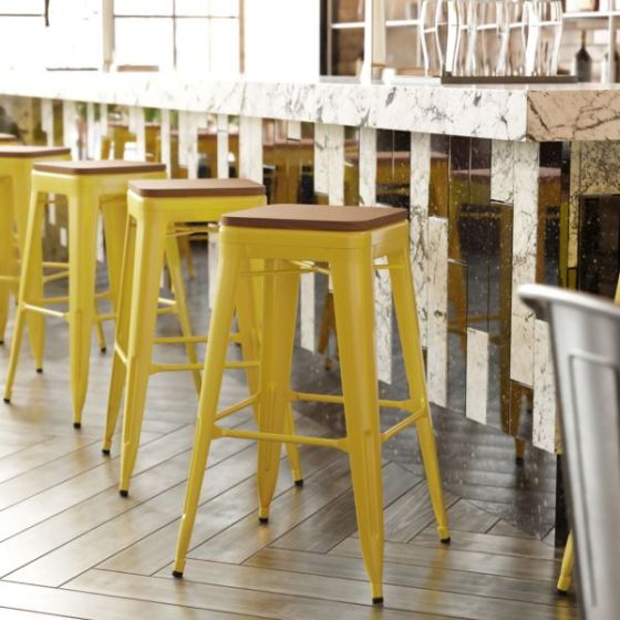 Indoor/Outdoor Backless Bar Stool with Poly Seat - Yellow/Teak