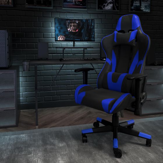Racing Gaming Ergonomic Chair with Reclining Back, Footrest in Blue LeatherSoft