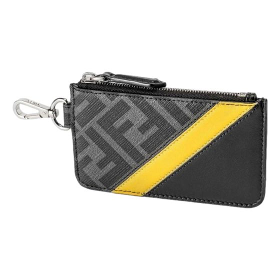 Fendi Diagonal Black Sunflower Yellow Calf Leather Coincase Keychain Wallet