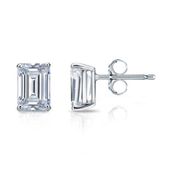 Bright White Pinnacle Emerald Lab Grown Diamond Stud in 14K White Gold 1.90ct,Color-GH,Clarity-VVS