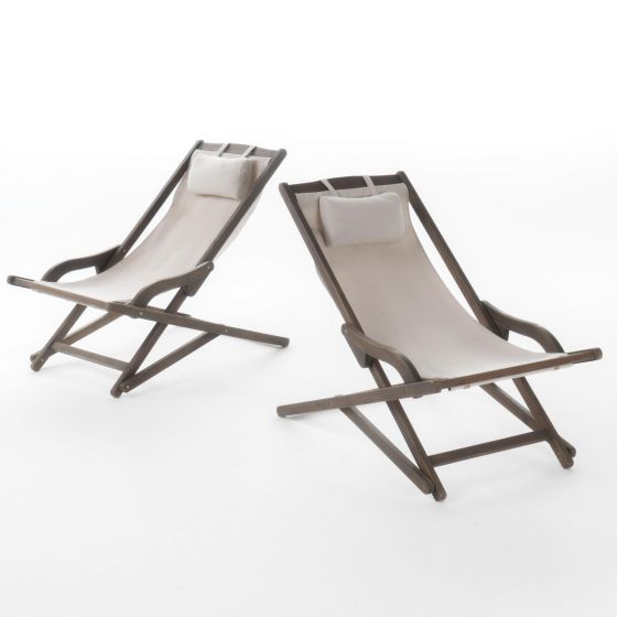 Outdoor Wood & Canvas Sling Chair - Beige, Set of 2