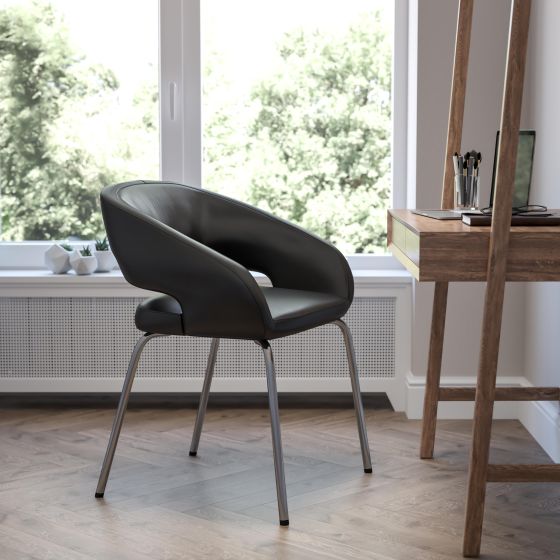 Contemporary Black LeatherSoft Side Reception Chair w/Chrome Legs - Guest Chair