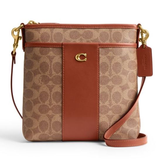 Colorblock Coated Canvas Signature Kitt Crossbody- Tan Caramel/Brass