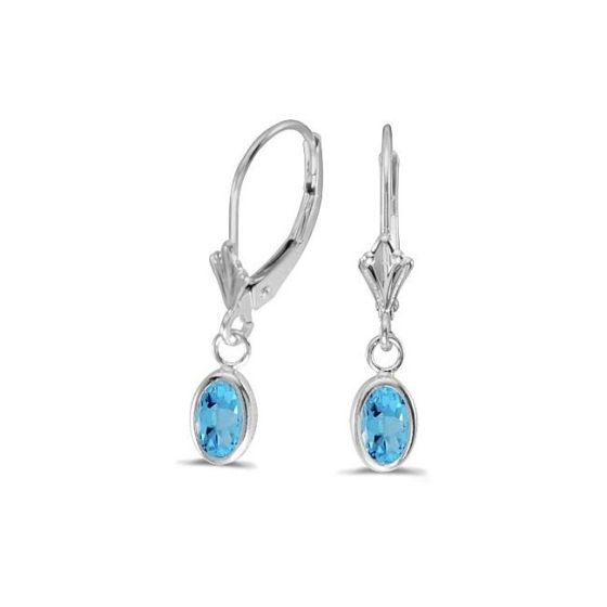 14K White Gold Oval Bezel Blue Topaz Leverback Earrings