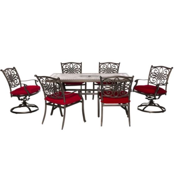 Monaco 7-Piece Patio Dining Set in Red with 4 Dining Chairs, 2 Swivel Rockers, and a 40