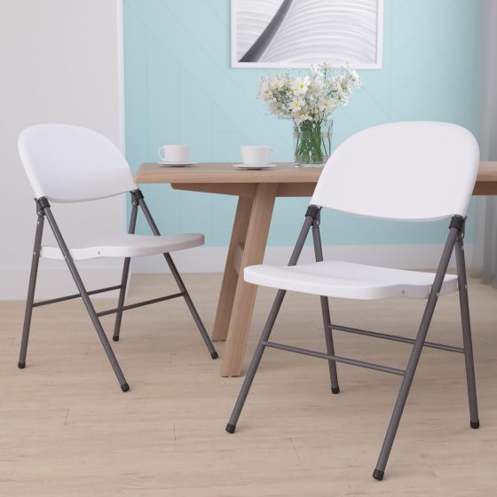 2Pack 330 lb. Capacity White Plastic Folding Chair with Gray Frame - Event Chair
