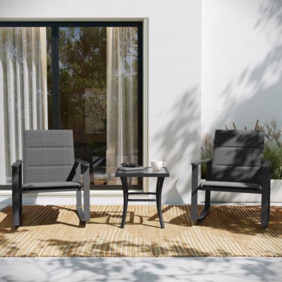 3 Piece All-Weather Rocking Chairs and Glass Top Table Bistro Set - Brown/Black