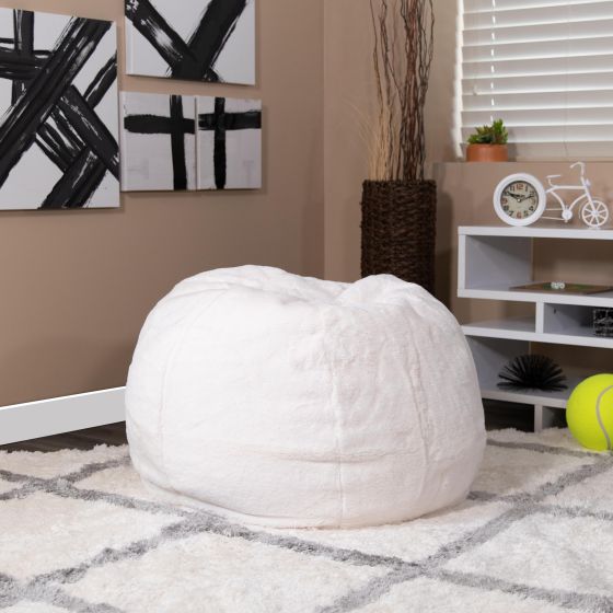 Small White Furry Refillable Bean Bag Chair for Kids and Teens