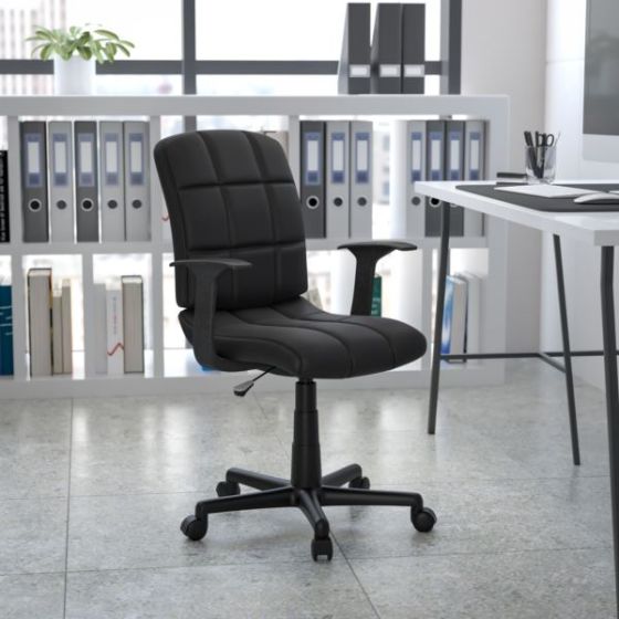 Mid-Back Gray Quilted Vinyl Swivel Task Office Chair with Arms