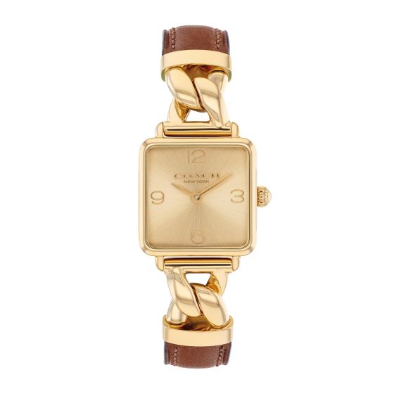 Ladies Cass Gold & Brown Leather Strap Square Watch Gold Dial