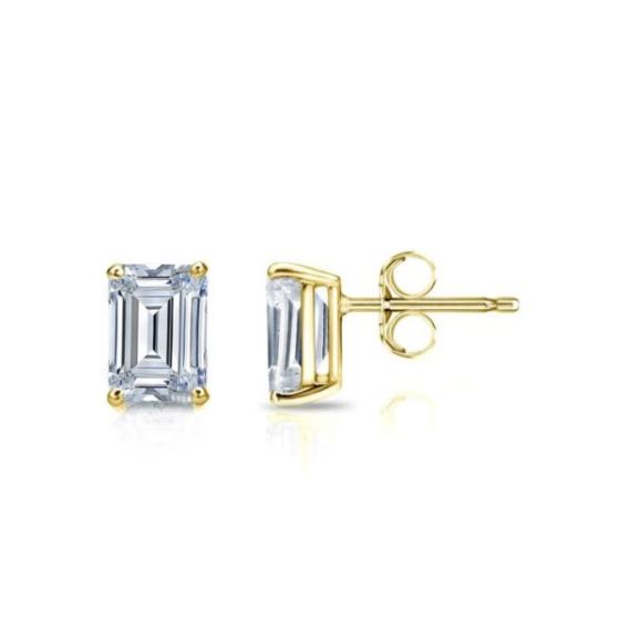 Bright White Pinnacle Emerald Lab Grown Diamond Stud in 14K Yellow Gold 1.00ct,Color-GH,Clarity-VVS