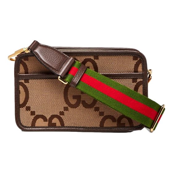 Gucci Jumbo GG Canvas Leather Webstripe Camera Brown Crossbody Bag
