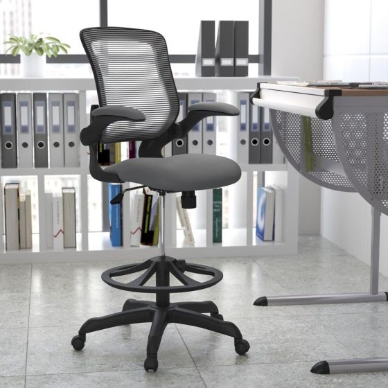 Mid-Back Dark Gray Mesh Ergonomic Drafting Chair with Foot Ring and Flip-Up Arms