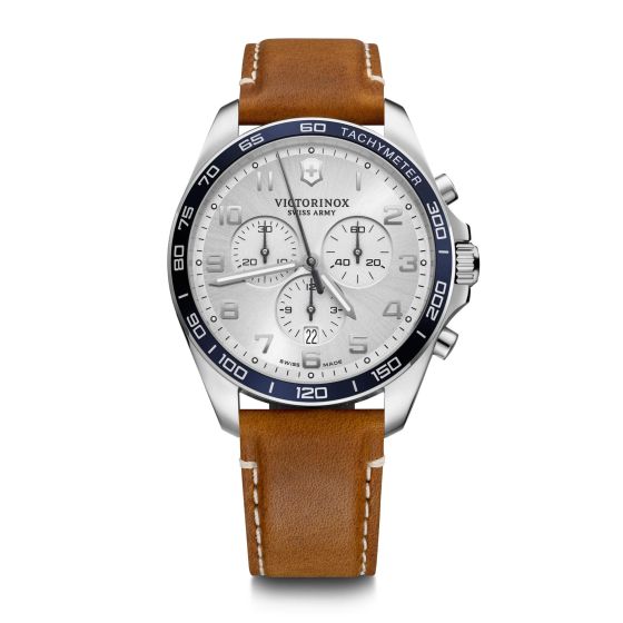 Fieldforce Classic Chrono, 42mm, Blue Bezel, Silver White Dial, Brown Leather Strap