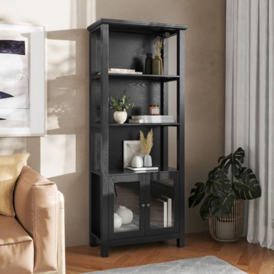 3 Tier Farmhouse Style Storage Cabinet Bookshelf with Glass Doors - Black