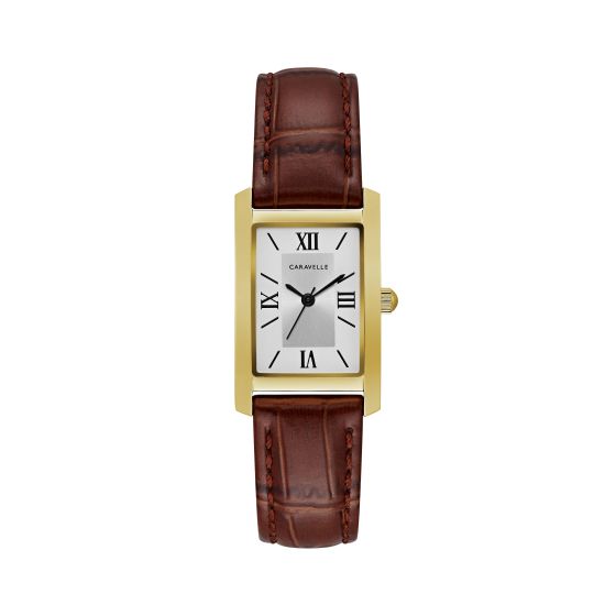 Ladies Rectangular Brown Leather Strap Watch with Gold Tone