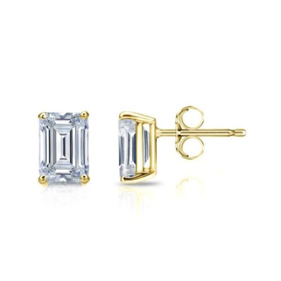 Bright White Pinnacle Emerald Lab Grown Diamond Stud in 14K Yellow Gold 1.20ct,Color-GH,Clarity-VVS