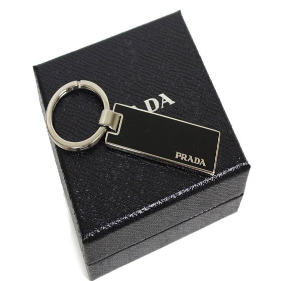 Prada Nero Black Rectangle Enamel Silver Metal Keyring Keychain Charm
