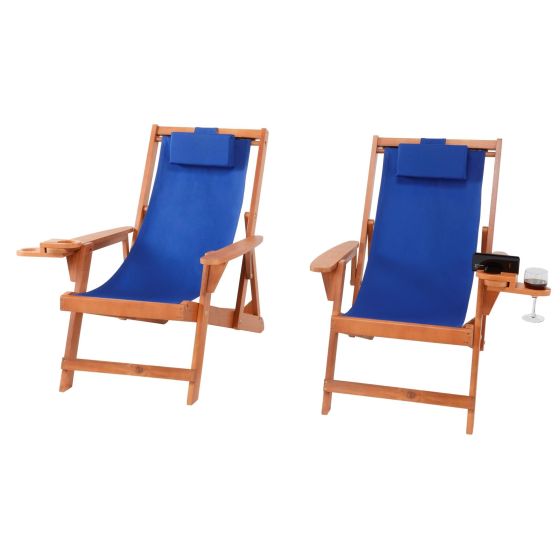 Romantic Collection - Canvas Sling Chair w/Beverage Holder, Set of 2 - Walnut, Blue