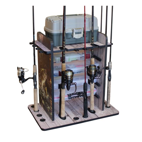 14-Fishing Rod Storage Rack with Bait Bin Storage - Bass Graphics