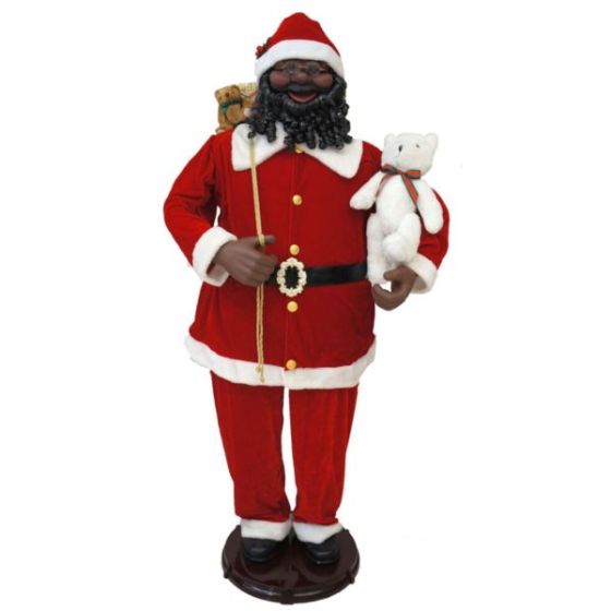 58-In. African American Dancing Santa with Toy Sack and Teddy Bear, Animated Christmas Decorations,