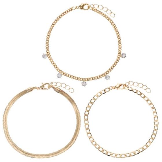Set of 3 Chain Link Bracelets with Herrigbone, Curb and Drop Style -   Goldtone