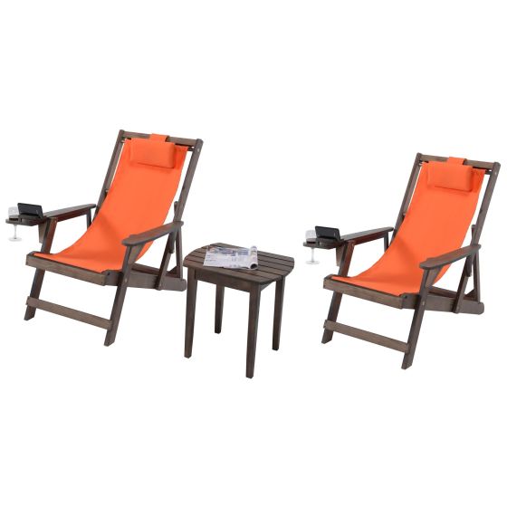 Romantic Collection - 2 Canvas Sling Chairs w/Beverage Holder & 1 End Table - Dark Brown, Orange