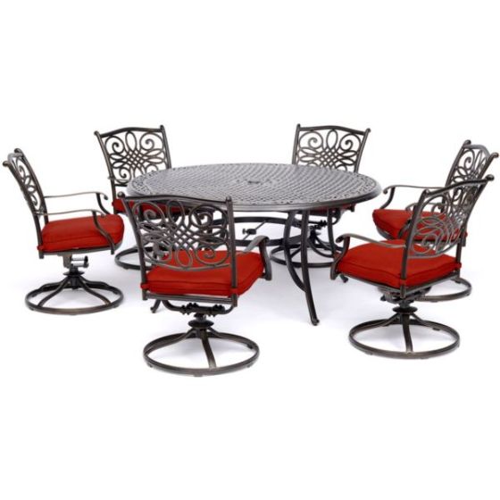 Traditions 7-Piece Dining Set in Red with a 60 In. Round Cast-top Table and Six Swivel Rockers