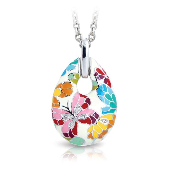 Belle Etoile Butterfly Kisses -  White Enamel, White CZ Pendant with 18