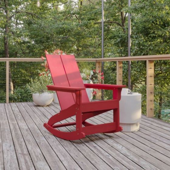 Modern 2-Slat Adirondack Poly Resin Rocking Chair for Indoor/Outdoor Use - Red
