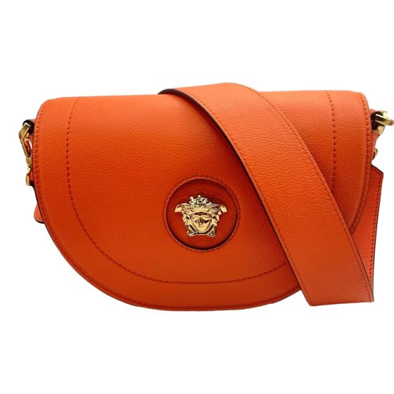 Versace Half-Moon La Medusa Vitello Leather Orange Crossbody Handbag