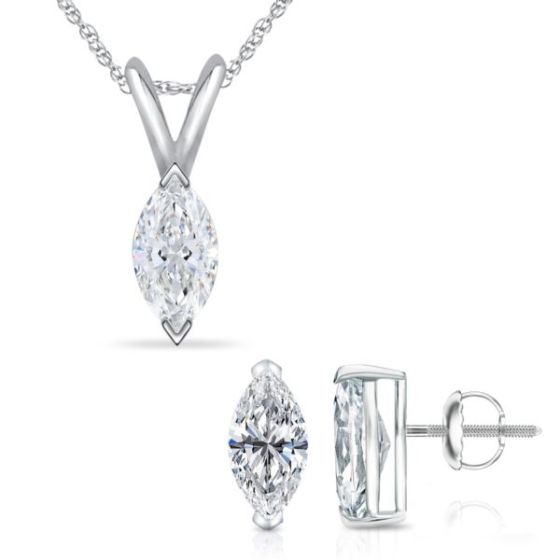 Bright White Pristine Marquise cut Lab Grown Diamond Screwback Set in 14K White Gold 1.30ct, GH, VS