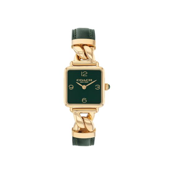 Ladies Cass Gold & Dark Green Leather Strap Square Watch Dark Green Dial